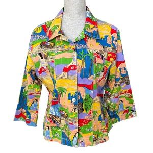 Kaktus Vintage Novelty Print Stretch Denim Jean Jacket XL